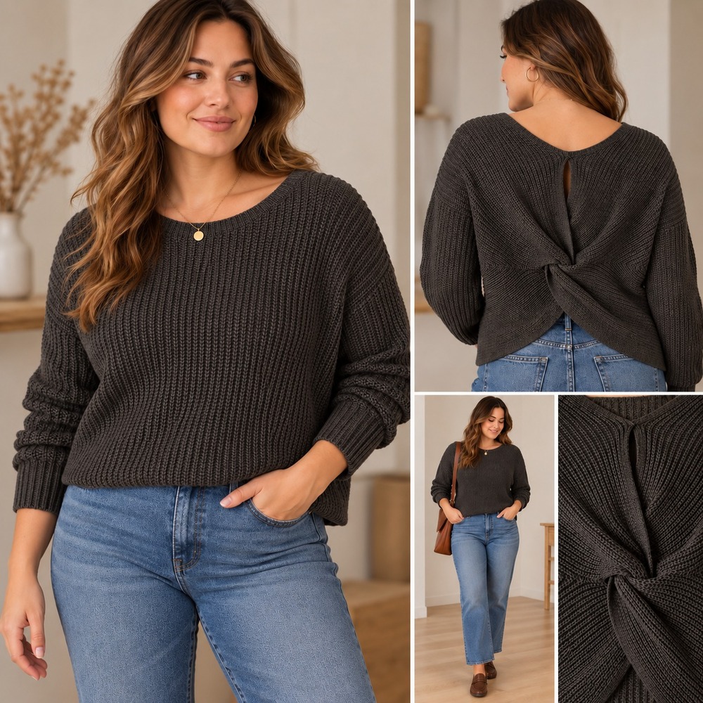 Gap Cropped Twist Back Chunky Wide Rib Sweater Women's Large Charcoal Cotton NWT